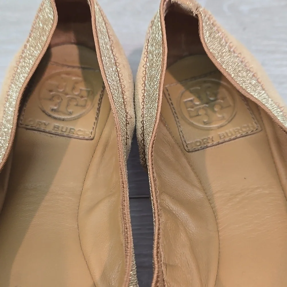 Tory Burch Glitter Suede Stretch Gold Ballet Flats Logo Shoes Sz 7M